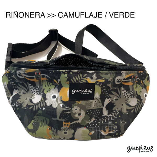 Riñonera Guspirus Camuflaje Verde, sostenible y práctica. Hecha con poliéster reciclado, ligera y con diseño inspirado en la naturaleza.
